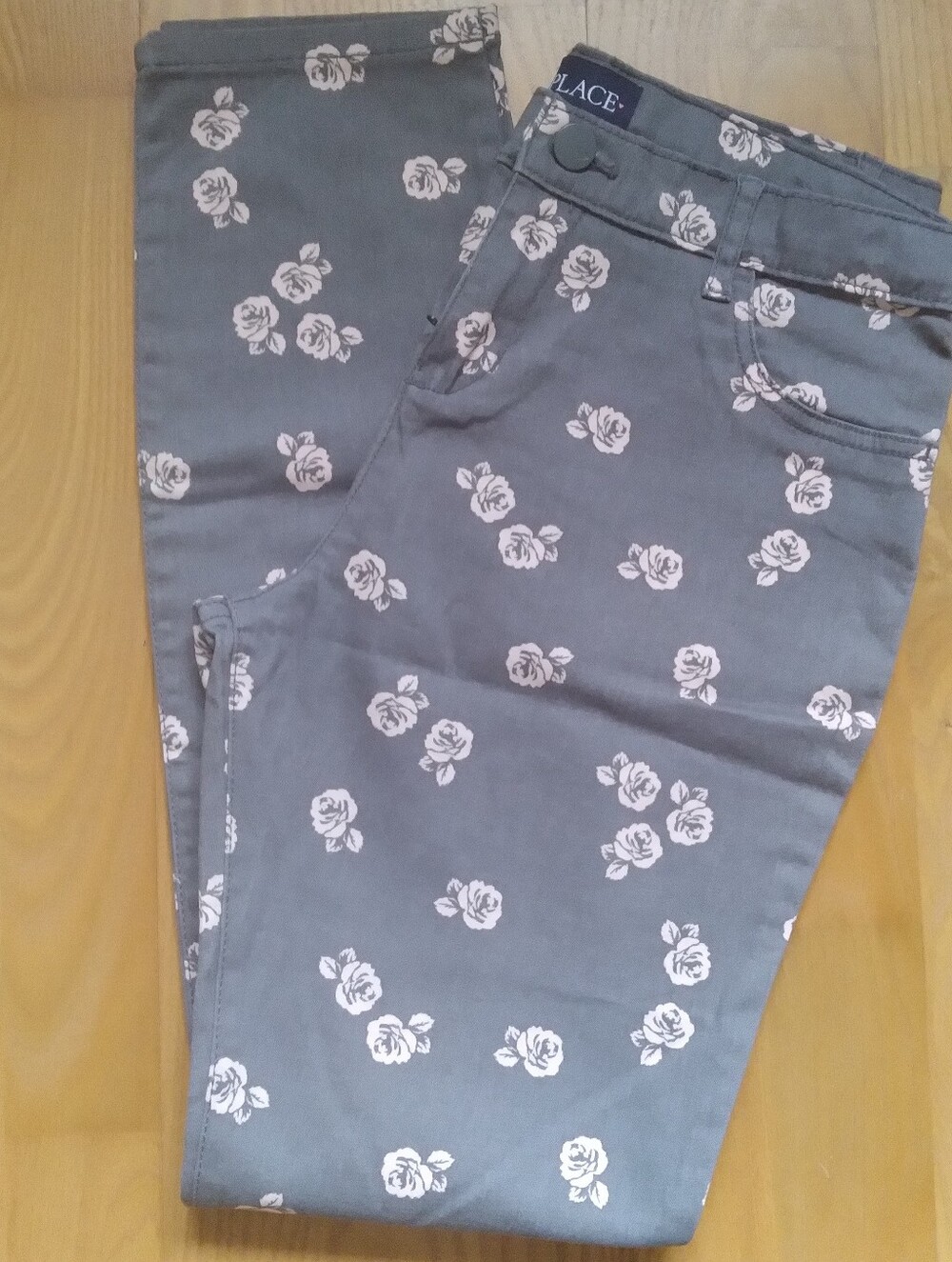 PLACE Cottagecore Floral Gray Pants Soft Pink Rose Print Straight Leg Girls 14